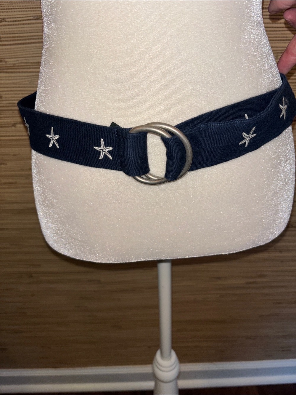 J. Crew Navy Starfish Embroidered Fabric Belt with Double Ring Buckle M/ L EUC!